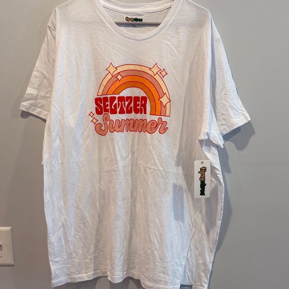 Tipsy Elves White Tee with Orange and Pink Seltzer Summer Design